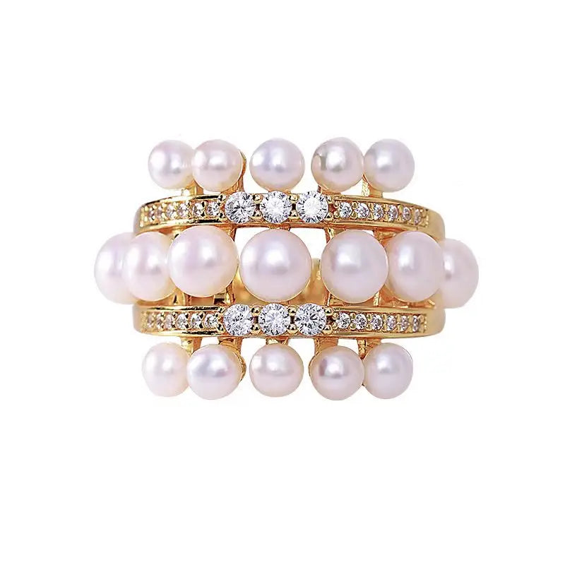 Femlion Luxury Pearl Zircon Gold Open Rings for Women