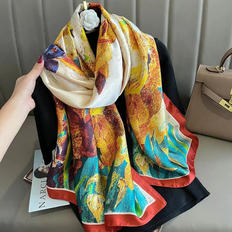 Femlion Silk Scarf: Large Women's Designer Print Shawl Stole Head Hijab Luxe Brand