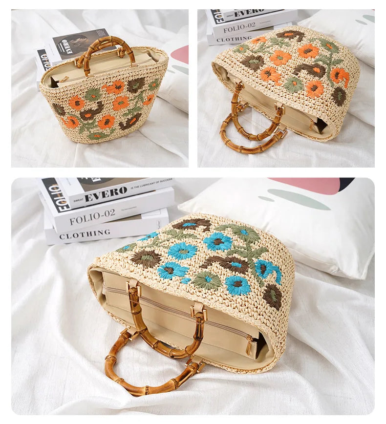 Femlion Small Flower Bag Rattan Handbag Beach Fashion Handbag Women's Bag