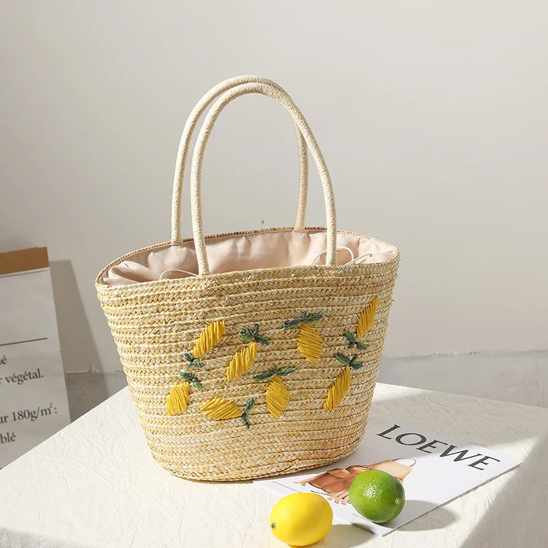 Femlion Lemon Embroidered Straw Woven Bag - Versatile Beach Resort Shoulder Bag