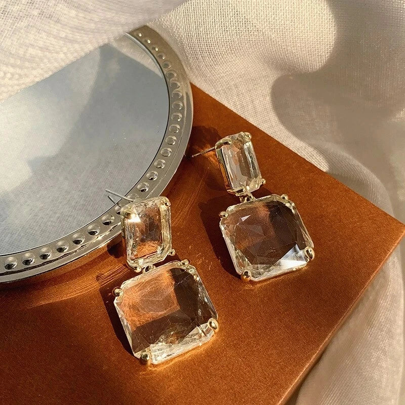 Femlion Geometric Square Crystal Pendant Earrings: Trendy Korea Jewelry for Women