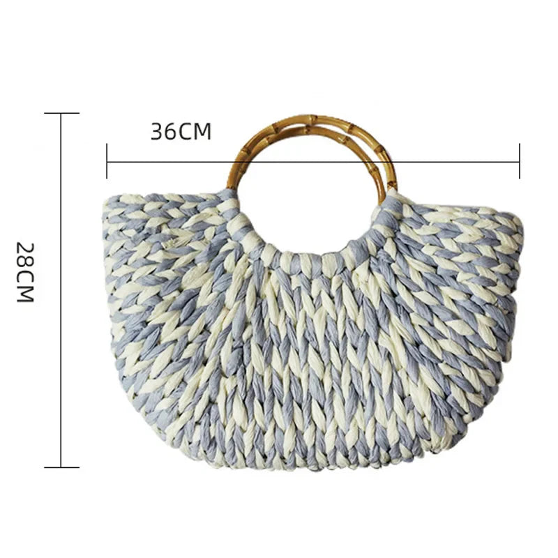 Femlion Bamboo Handle Blue White Woven Beach Bag Handheld Shoulder Women's Bag