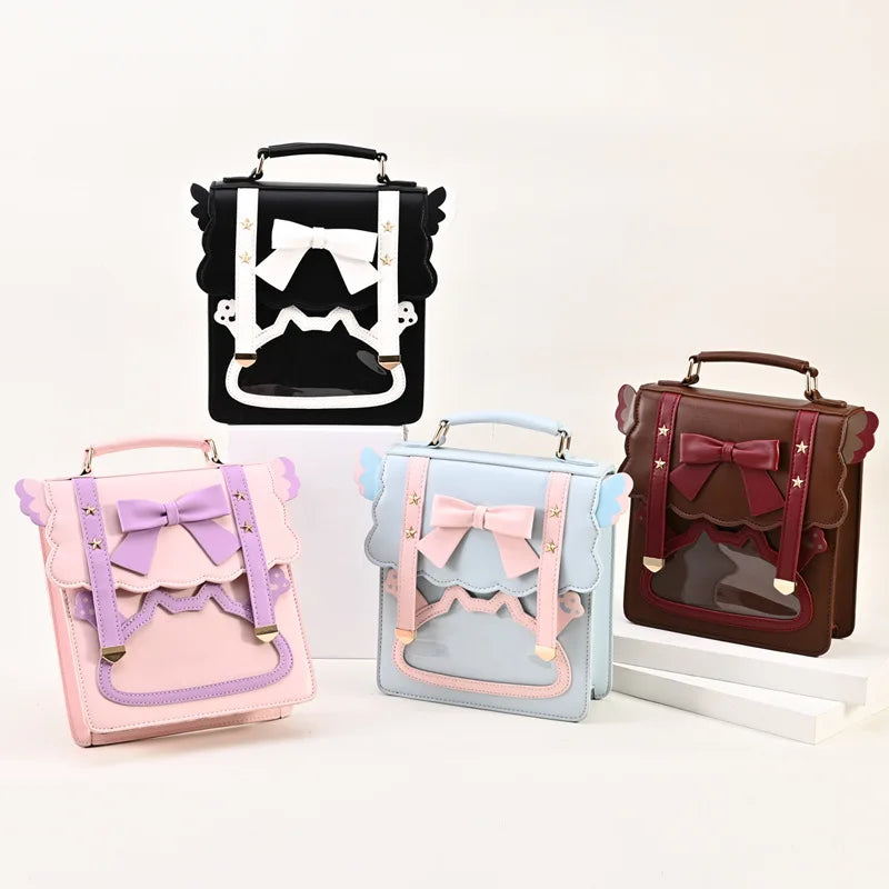 Femlion Transparent School Backpack Kawaii Bow Wing JK Handbag Star Wing Bow