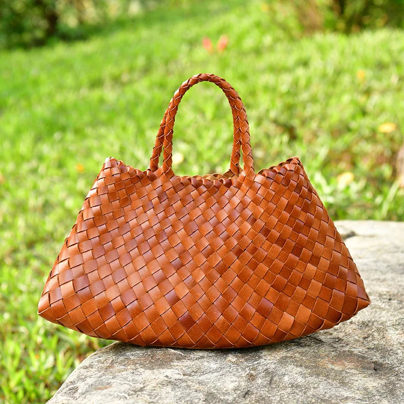 Femlion Knitted Layer Cowhide Handmade Basket Bag Genuine Leather Women's Bag