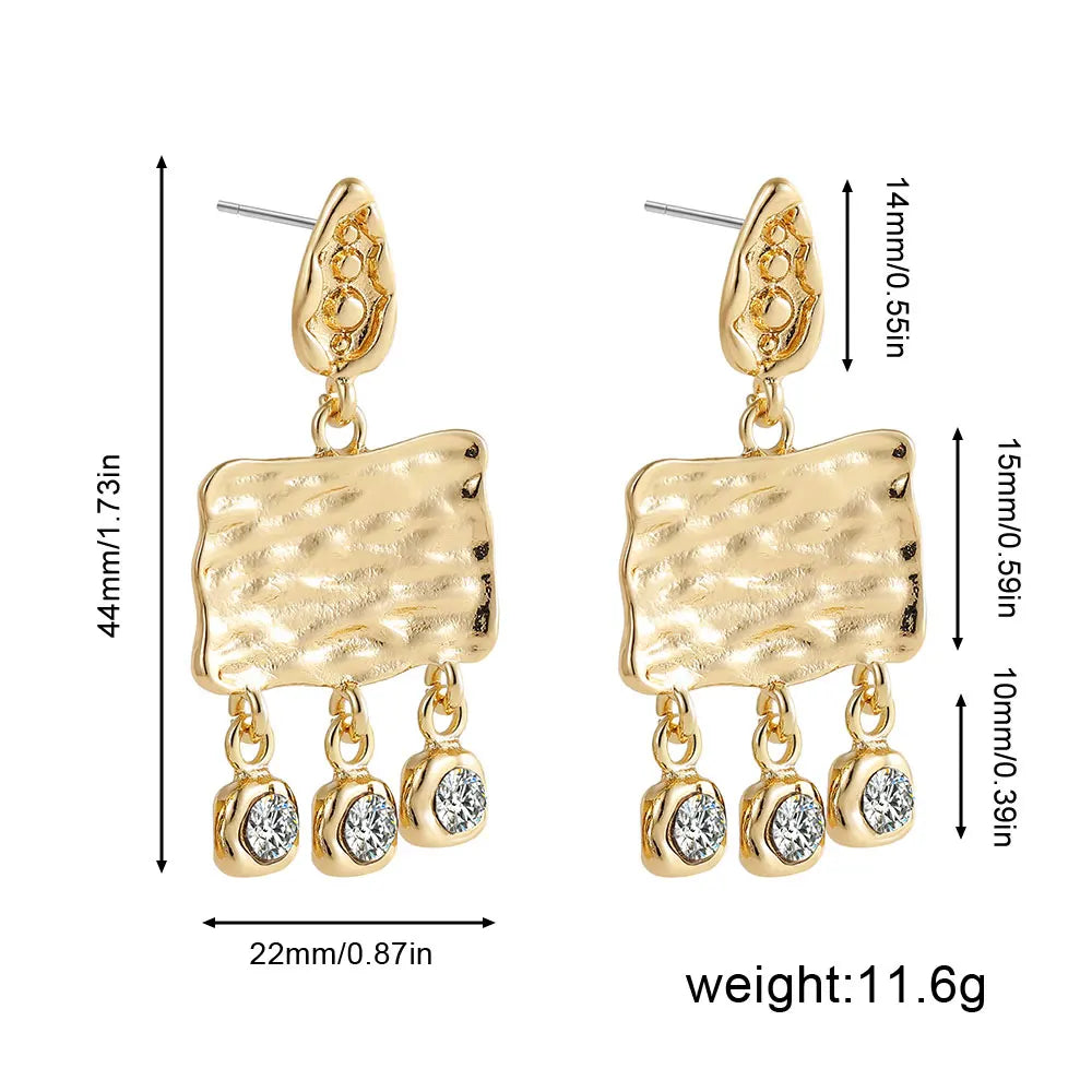 Femlion Golden Hammered Square Crystal Dangle Earrings for Women