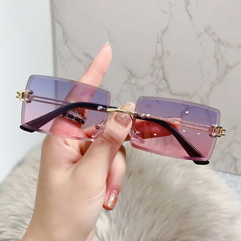 Femlion Retro Rimless Rectangle Sunglasses Gradient UV400 for Women