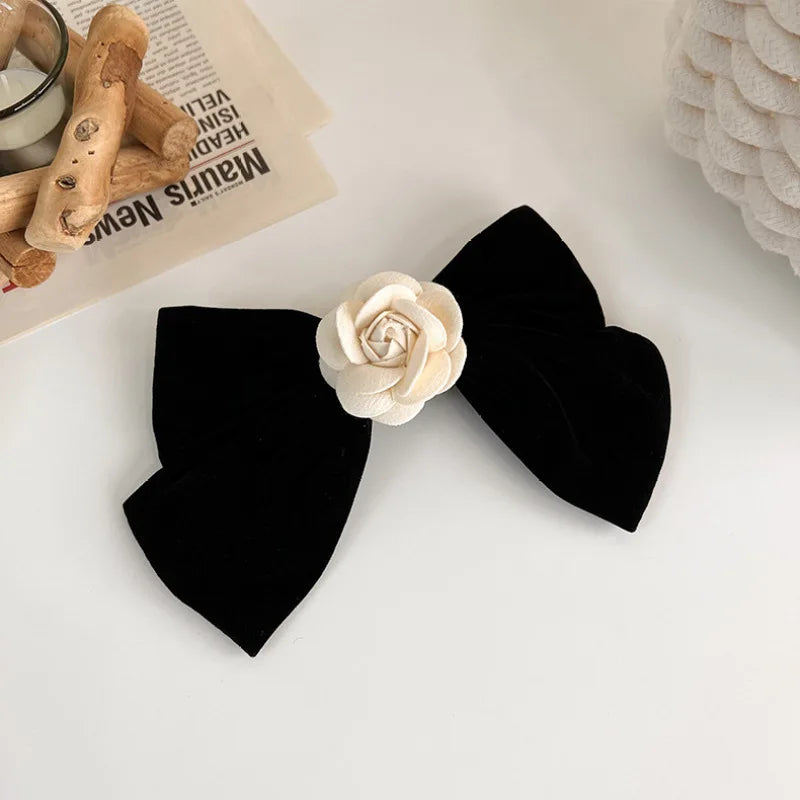 Femlion Black Velvet Hair Bows Clips with White Flower Accent