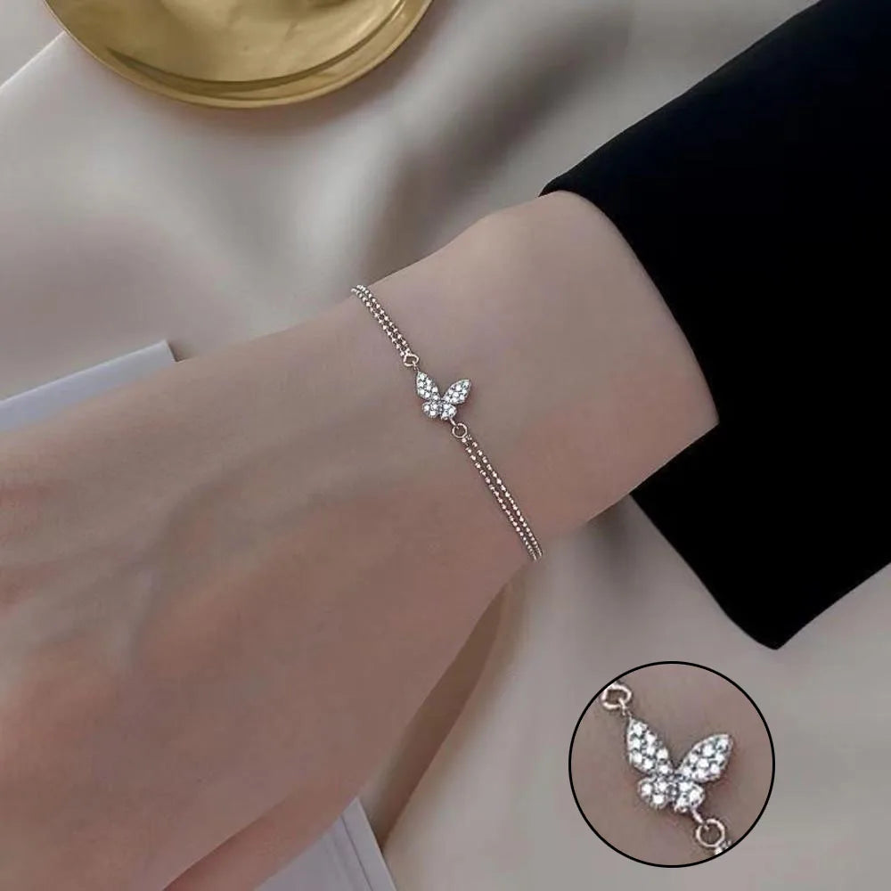 Femlion Zircon Butterfly Bracelet: Silver Color Bling Chain Jewelry Gift