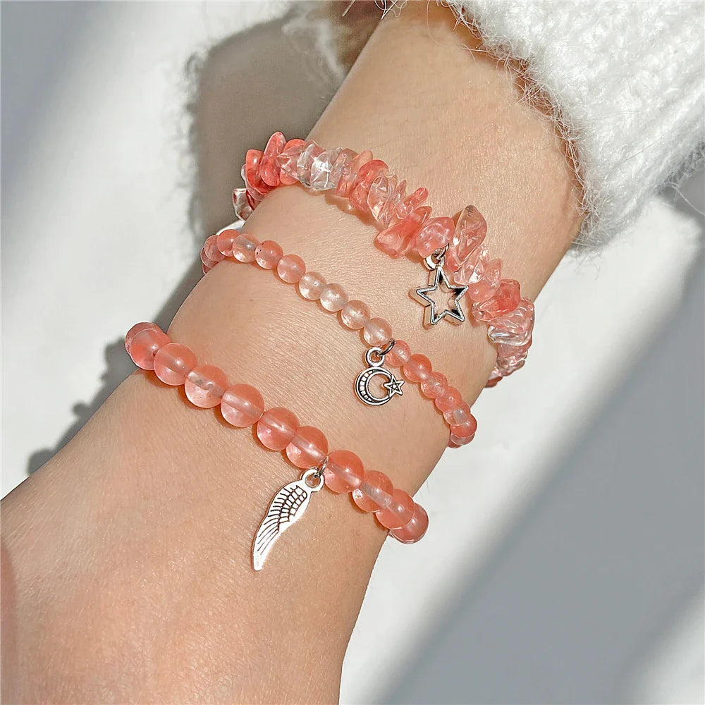 Femlion Red Watermelon Stone Bracelet Set with Sun Star Charms