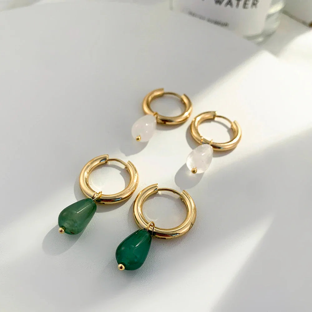 Femlion Green Stone Teardrop Earrings: Gold Hoops Huggies for Women