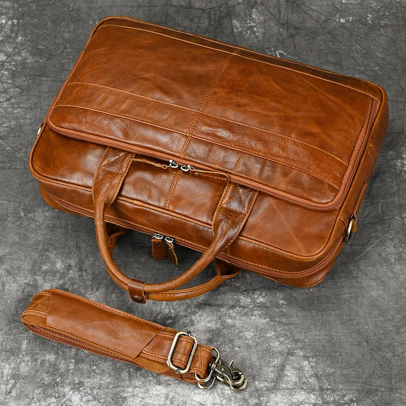 Femlion Genuine Leather Men Business Messenger Bag for 15.6" Laptop