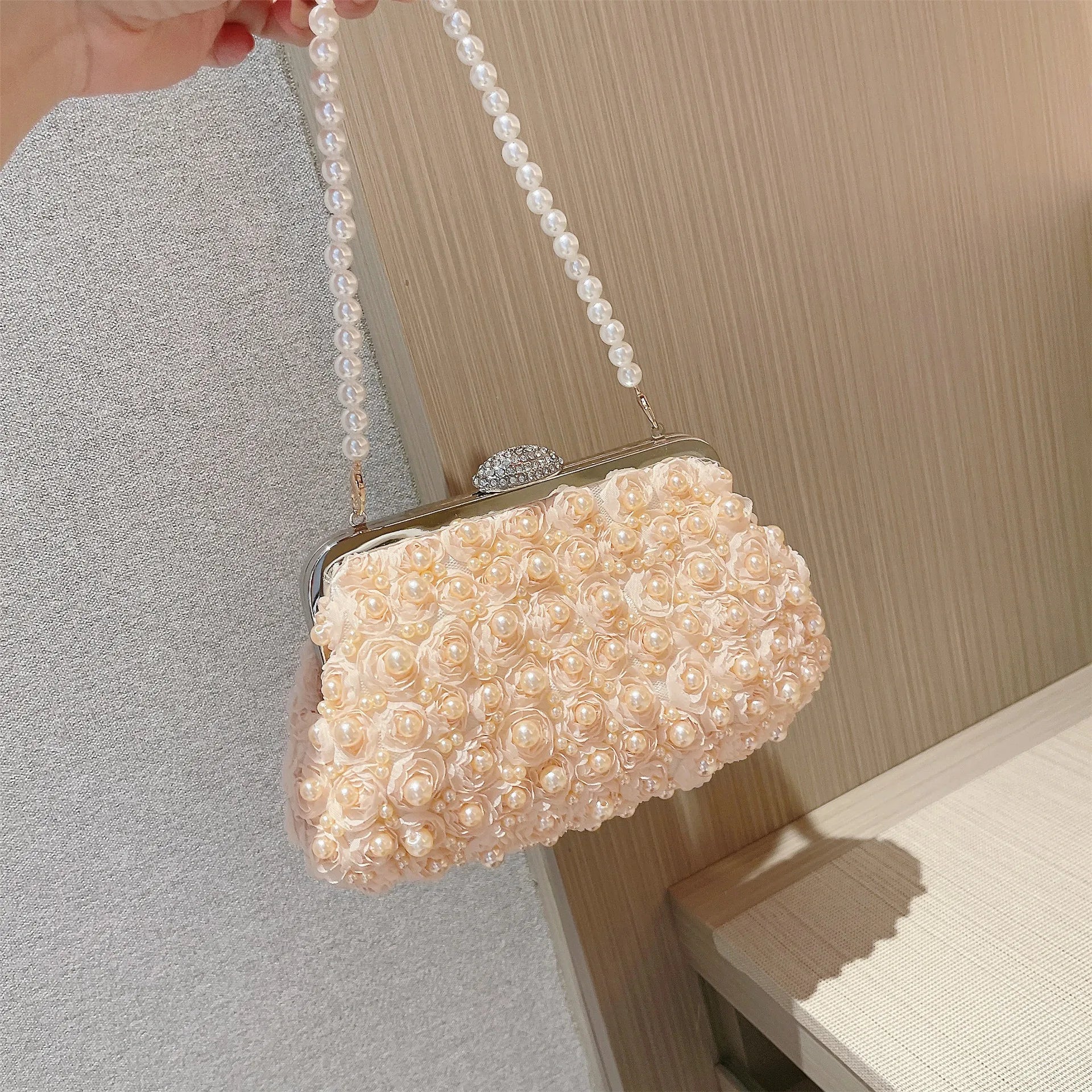 Femlion Pearl Beaded Flower Lace Evening Purse Luxury Dinner Bag