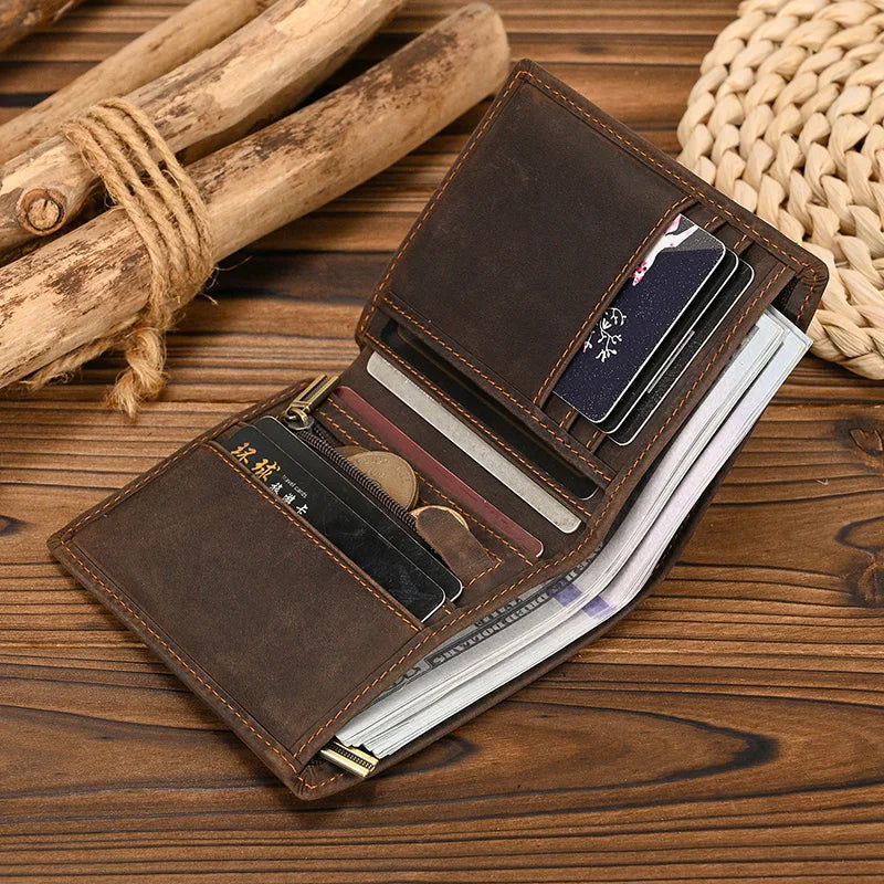 Femlion Men's Vintage Leather Short Wallet: Fashionable Luxury Brand Bussiness Purse