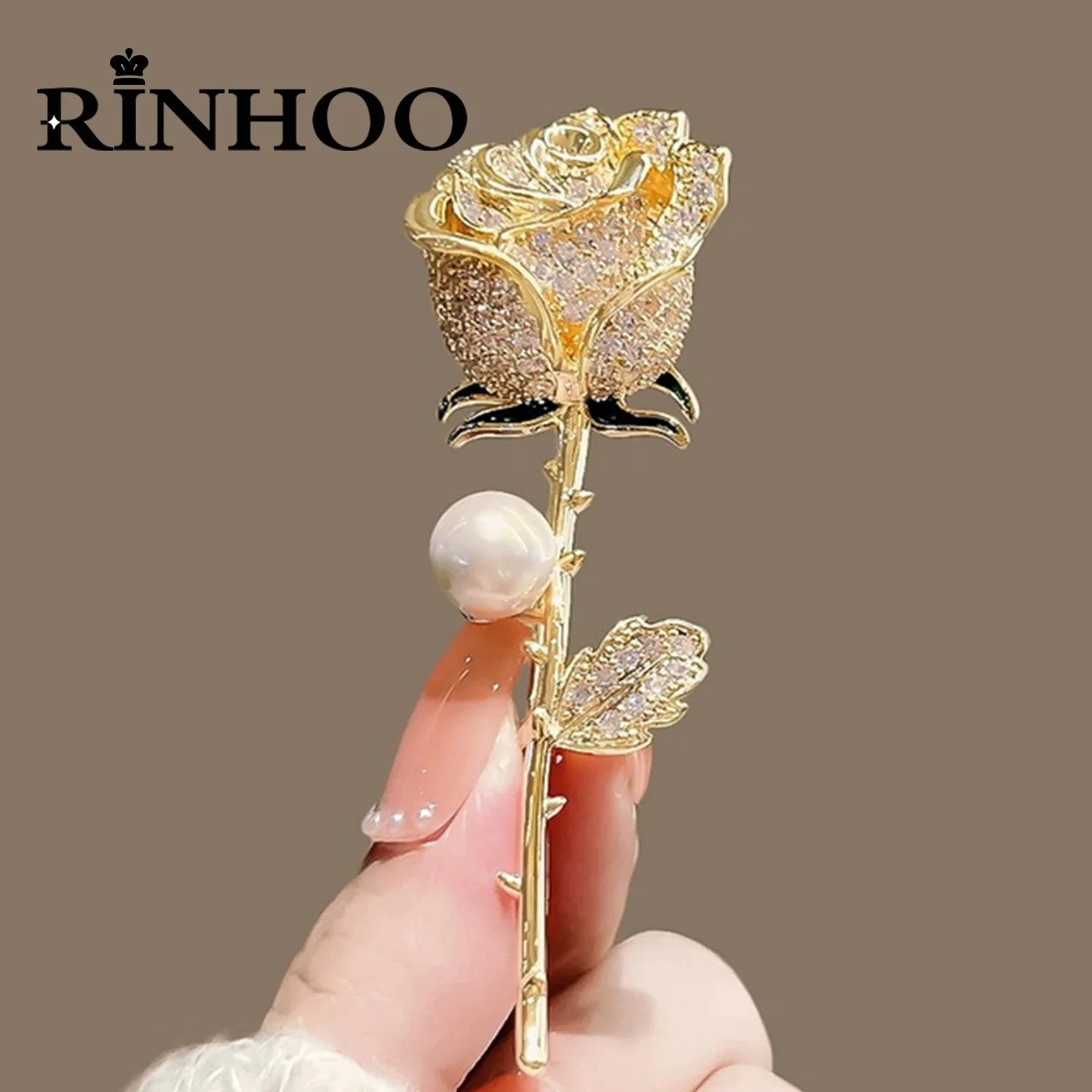 Femlion Luxury Rose Flower Rhinestone Brooch Elegant Pearl Lapel Pin Wedding Corsage