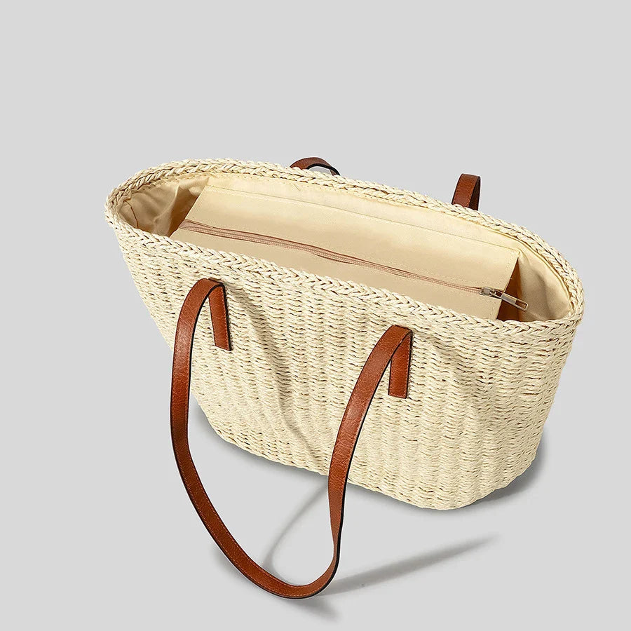 Femlion Straw Basket Bag: Handmade Woven Shoulder Tote for Summer Beach & Shopping