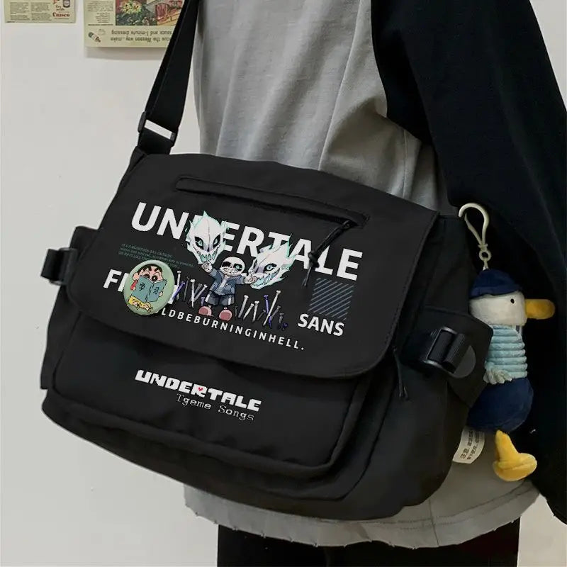 Femlion Anime Undertale Sans Skull Shoulder Bag Black White Crossbody with Front Zipper