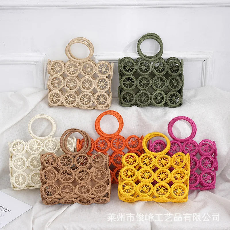 Femlion Straw Beach Handbag Large Capacity Woven Wheel Circular Bag