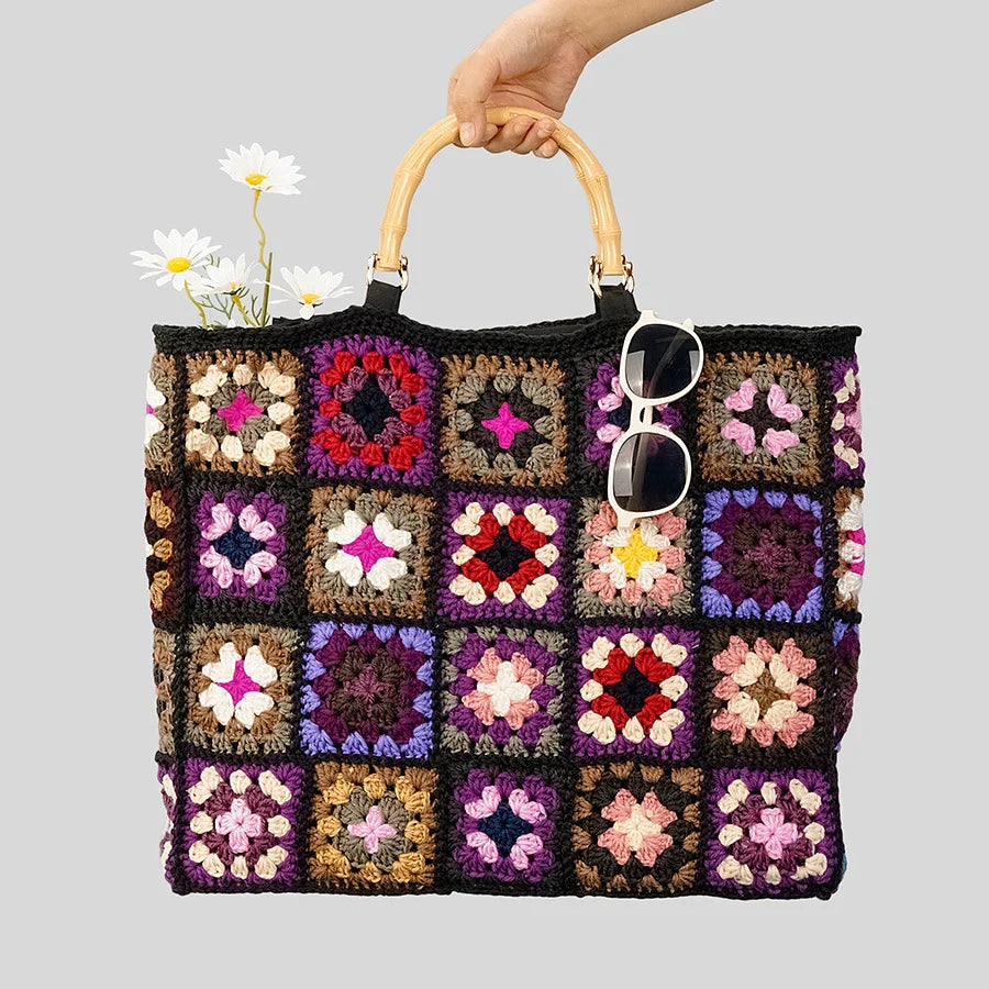 Femlion Vintage Crochet Granny Square Tote with Bamboo Handles