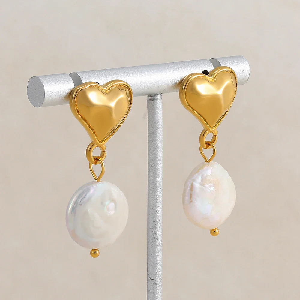 Femlion Gold Plated Heart Studs with Pearl Drop - Elegant Stainless Steel Earrings