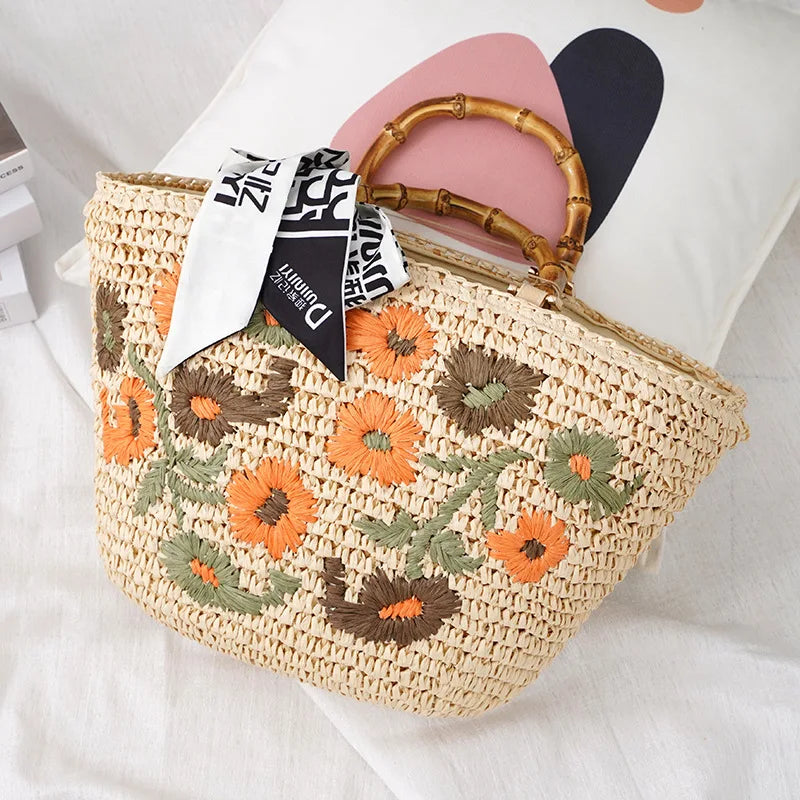 Femlion Small Flower Bag Rattan Handbag Beach Fashion Handbag Women's Bag