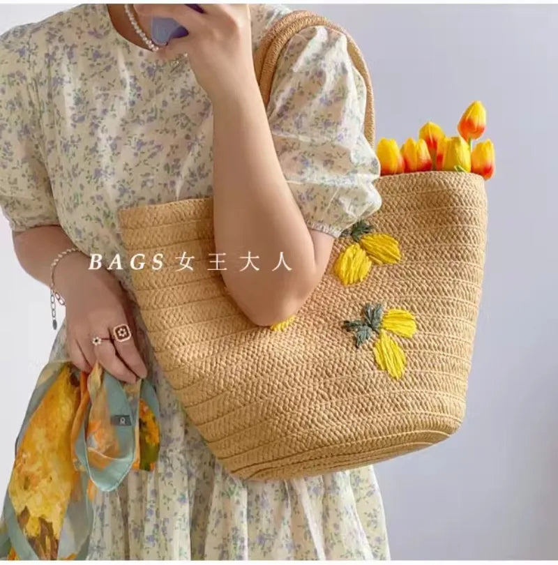 Femlion Lemon Straw Woven Shoulder Bag Handmade Embroidery Vintage Summer Large Capacity