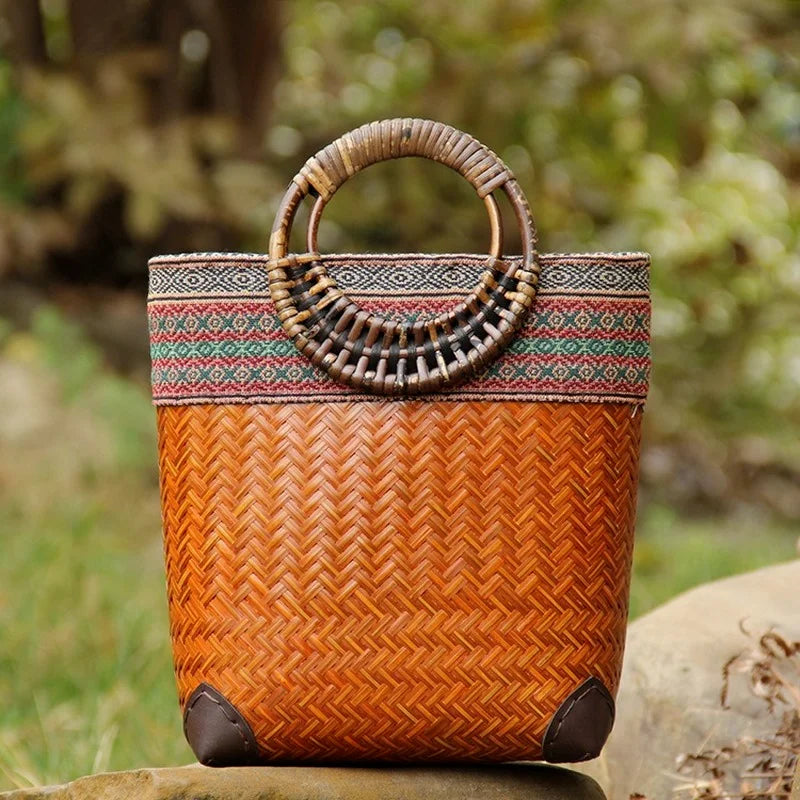 Femlion Woven Bamboo Handbag for Women - Stylish Beach Bag & Casual Purse