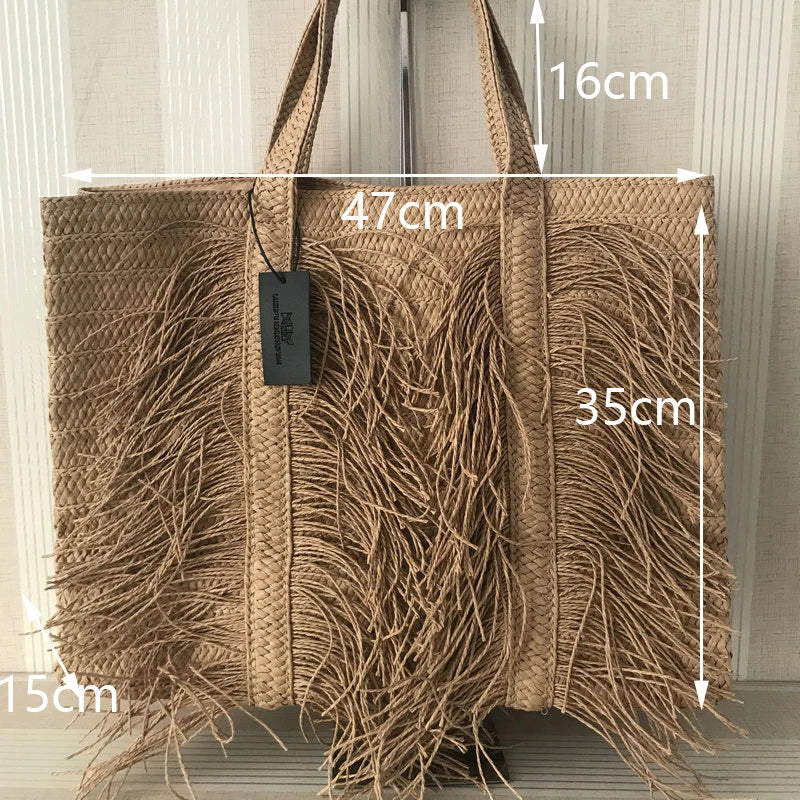 Femlion Boho Tassel Straw Shoulder Bag Women's Handbag Large Capacity Beach Tote