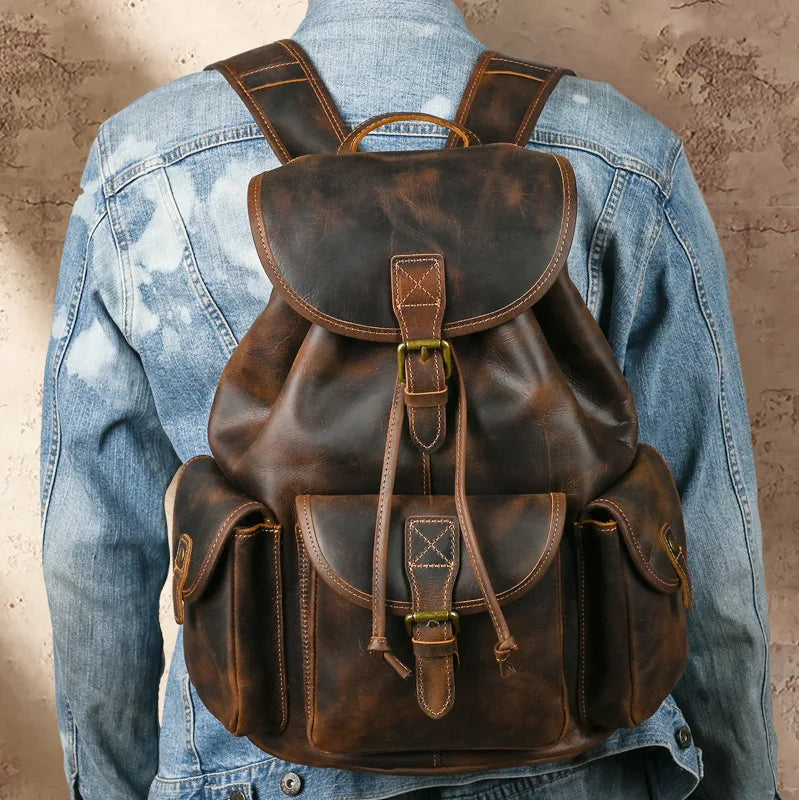 Femlion Crazy Horse Leather Backpack - Vintage Rucksack for Men and Women