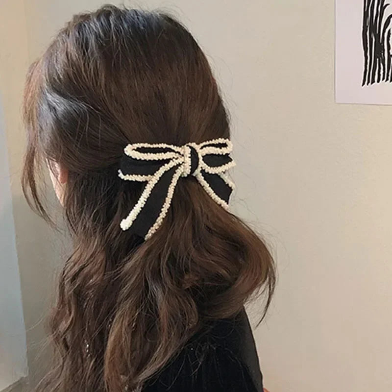 Femlion Elegant Korean Bow Hair Pin White Edge Black Hair Clip for Women