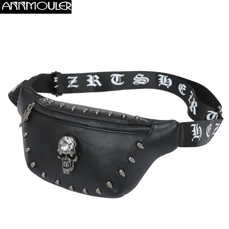 Femlion Rivet Skull Waist Bag Unisex Black Leather Fanny Pack