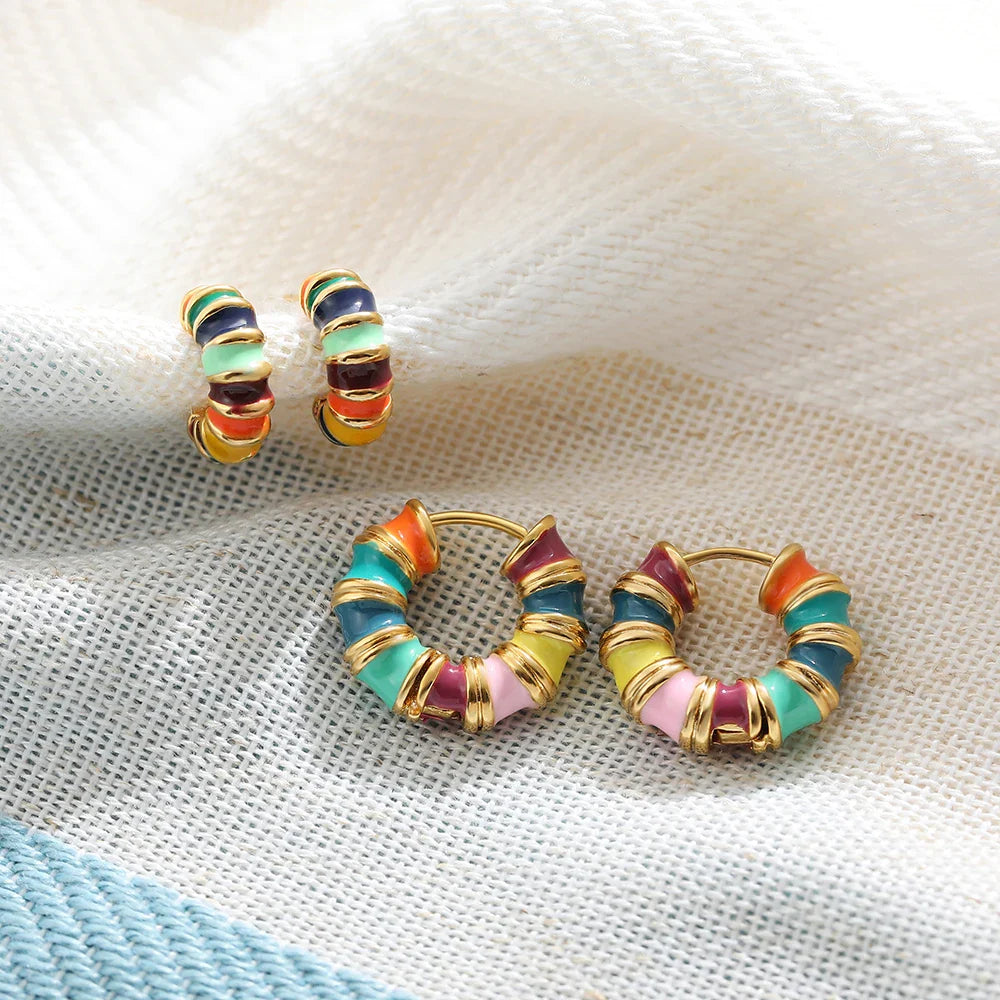 Femlion Rainbow Enamel Color Huggie Hoop Earrings for Women - Fashionable Small Bamboo Hoops