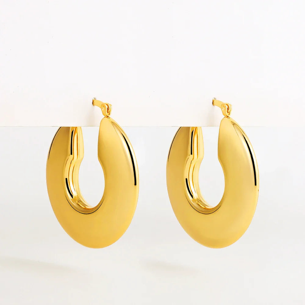 Femlion Golden Stainless Steel Wide Hoop Earrings - Trendy Hollow Female Jewelry