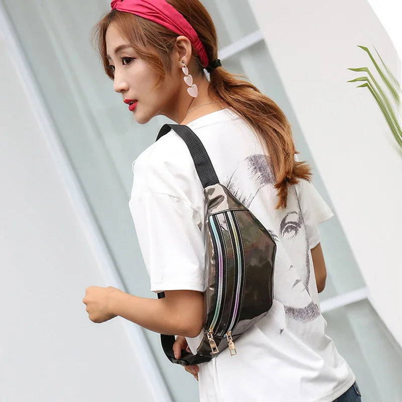 Femlion Holographic PU Leather Waist Bag Fanny Pack for Women and Men