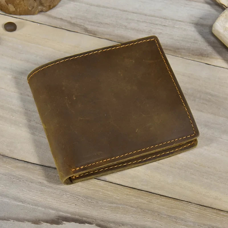 Femlion Vintage Crazy Horse Leather Short Men's Wallet - Retro Fashion Card Holder & Coin Purse