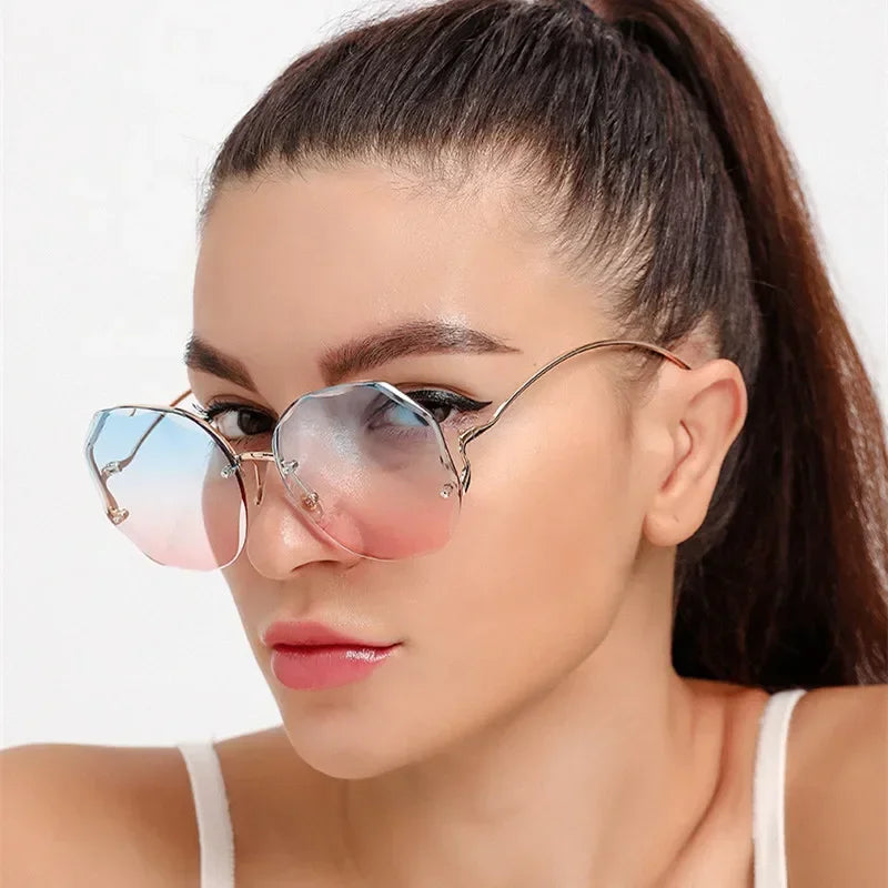 Femlion Gradient Round Sunglasses Women Rimless Metal Temples UV400