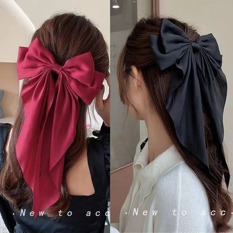 Femlion Chiffon Bow Hair Clip for Women - Large Bowknot Stain Hairpin Barrettes - Solid Color Ponytail Clip