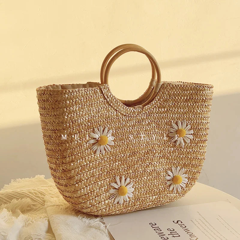 Femlion Daisy Straw Ring Handbag: Stylish Woven Beach Bag for Holidays