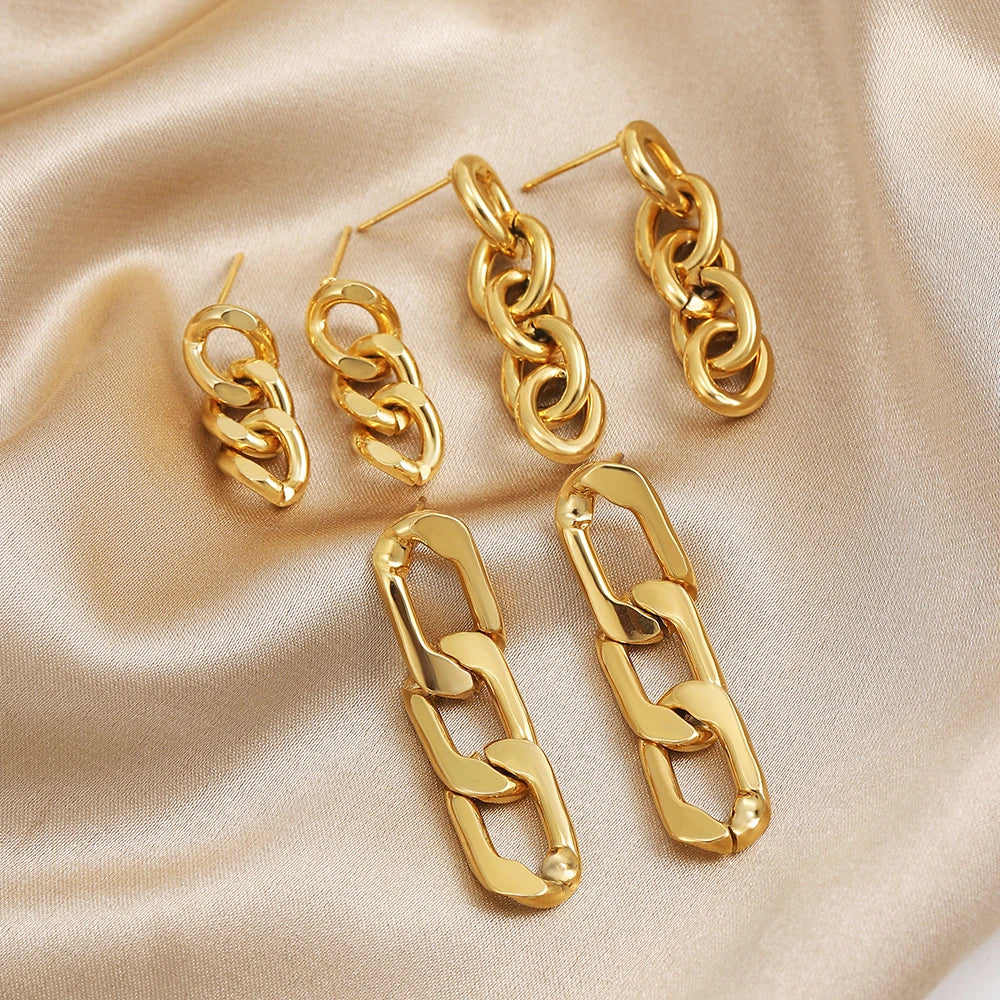 Femlion Gold Plated Stainless Steel Cuban Chain Drop Earrings