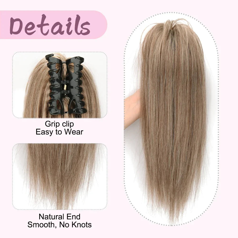 Femlion 16" Heat Resistant Claw Clip Ponytail Extensions, Blonde/Brown Straight Pony Tail