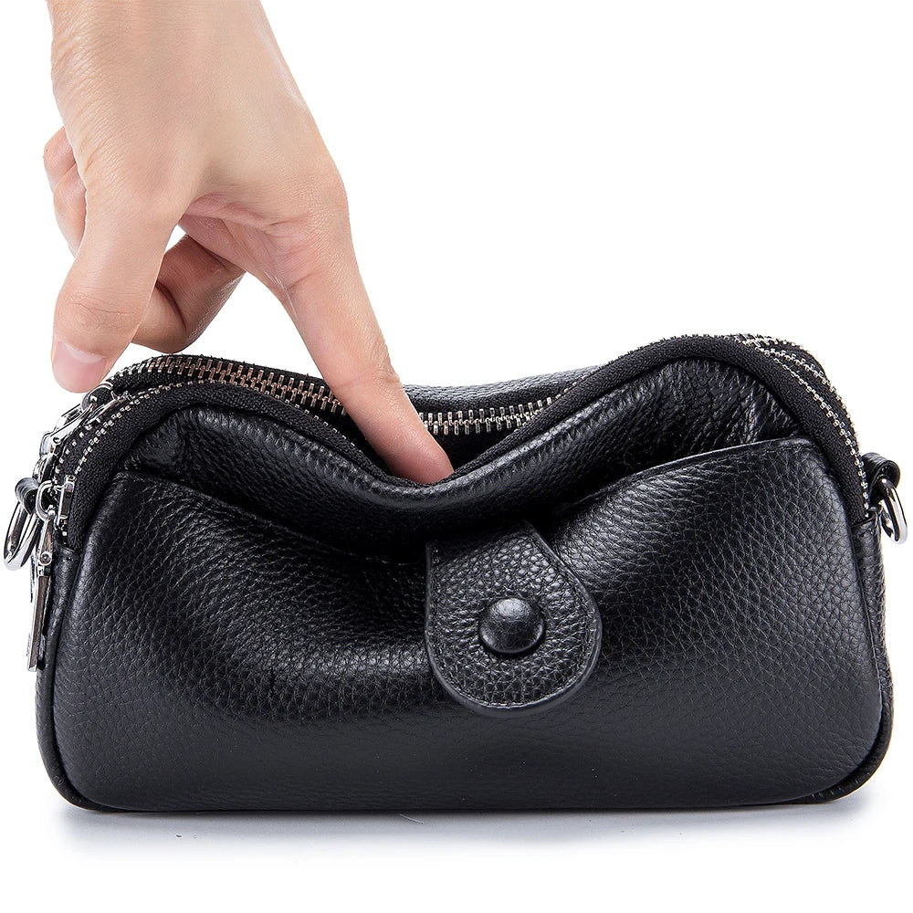 Femlion Leather Mini Shoulder Bag with Three Zipper Pockets