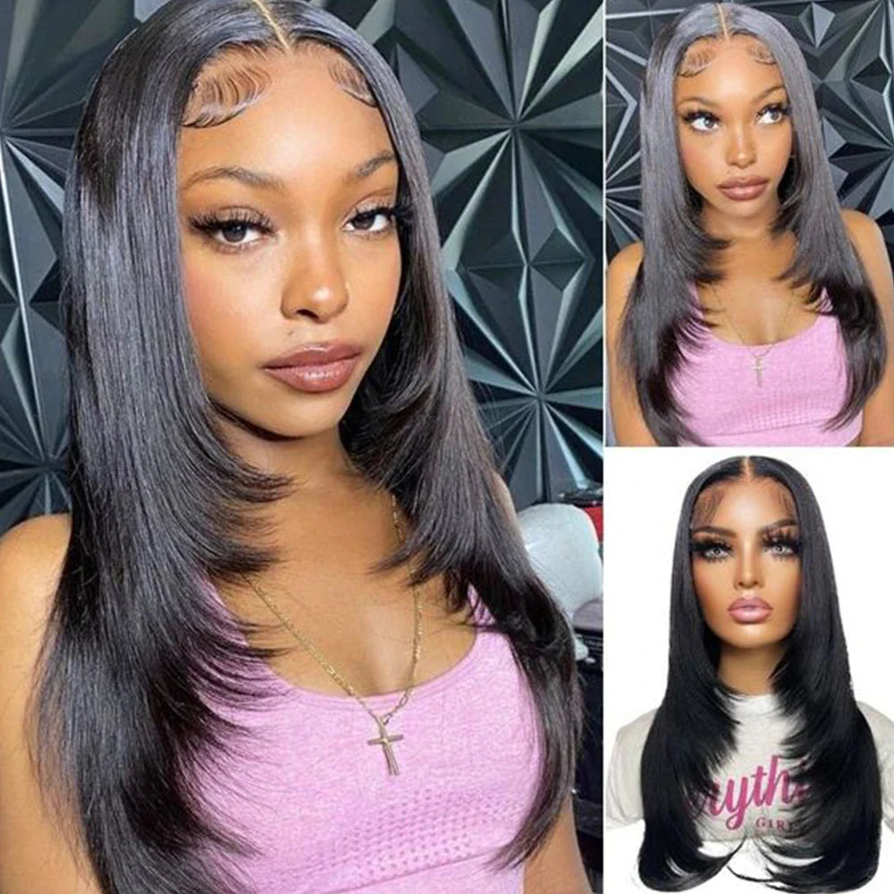 Femlion 13x6 HD Lace Frontal Wig Human Hair Straight Black Women 30"