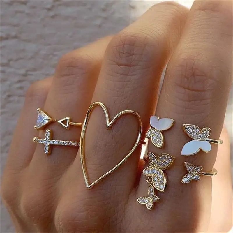 Femlion Boho Crystal Butterfly Flower Rings Set - Elegant Party Jewelry