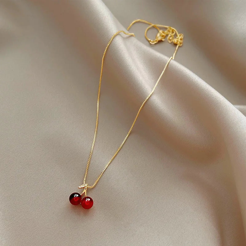 Femlion Cherry Pendant Necklace: Korean Style Wine Red Collarbone Chain for Women