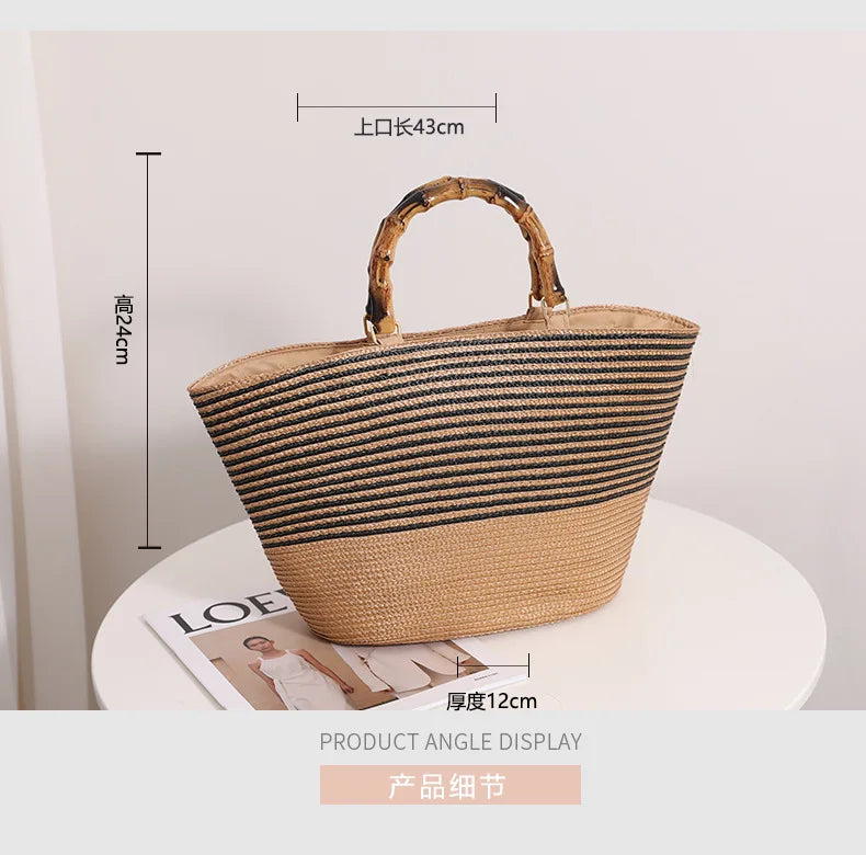 Femlion Striped Straw Woven Handbag - Large Capacity Bamboo French Retro Basket Bag