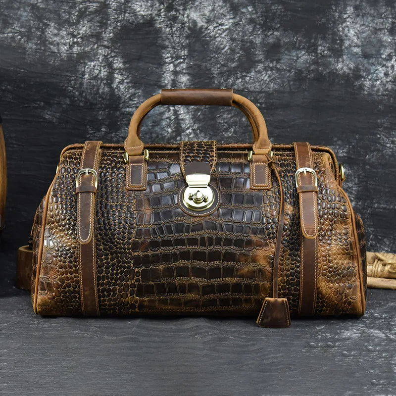 Femlion Alligator Leather Travel Handbag for Men - Luxury Design Trolley Bag