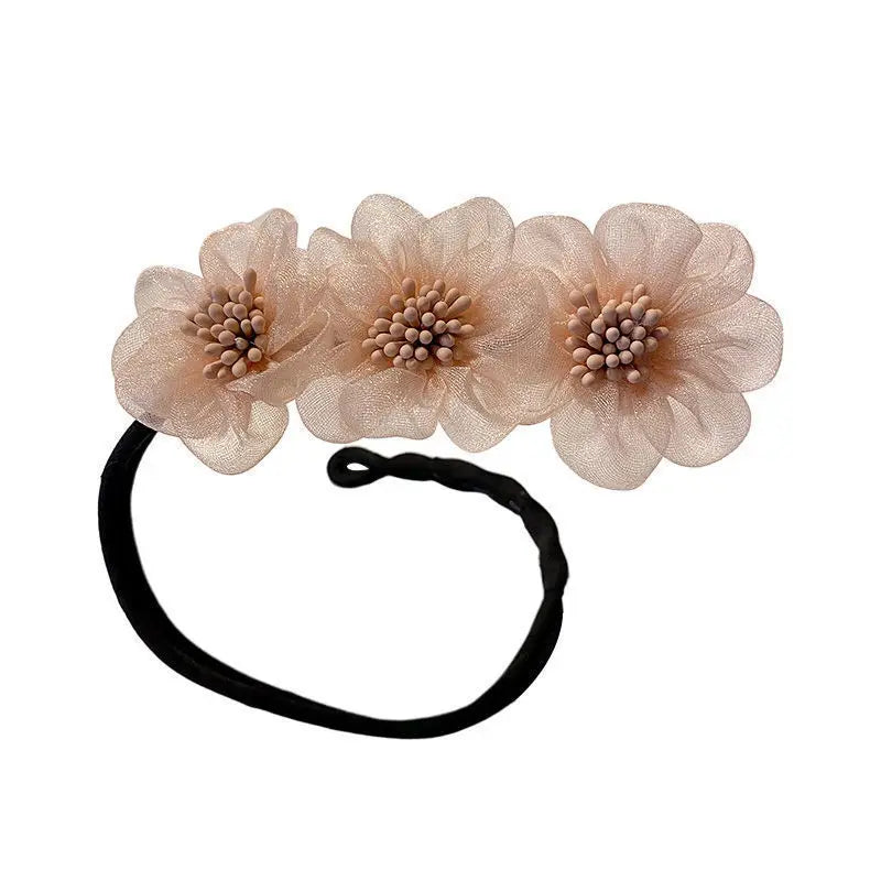 Femlion Elegant Chiffon Flower Bun Maker for Women - Sweet Korean Hairstyle Tool