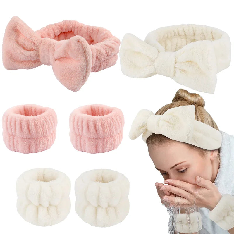 Femlion Bowknot Headband & Wristband Set - Kawaii Wash Up Accessories