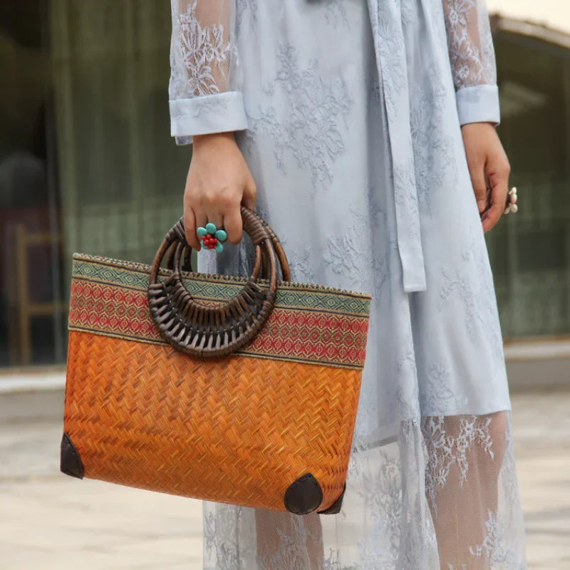 Femlion Bamboo Beach Handbag: Chinese Vintage Woven Tote & Tea Set Storage Bag