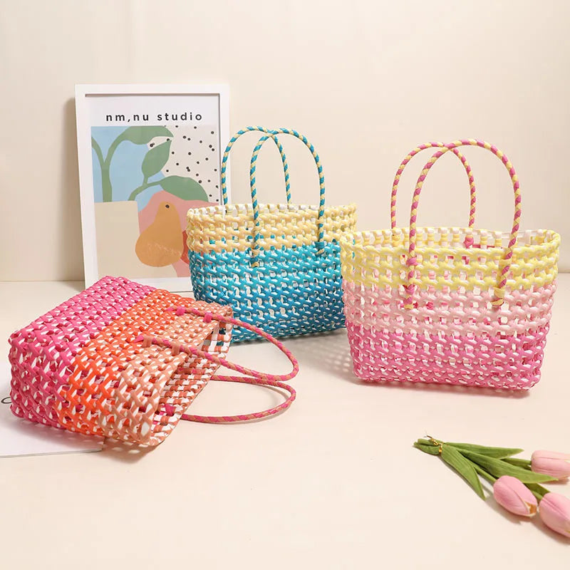 Femlion Square Woven Beach Bag Large Capacity Colorful Handheld Purse