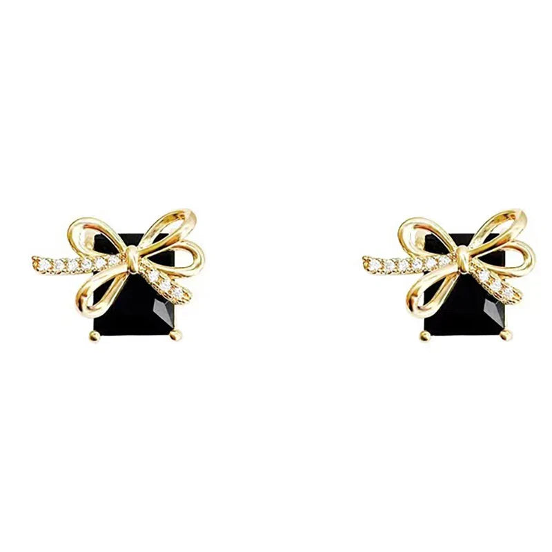 Femlion Black Square Gold Bowknot Zircon Earrings - 2023 Fashion Jewelry